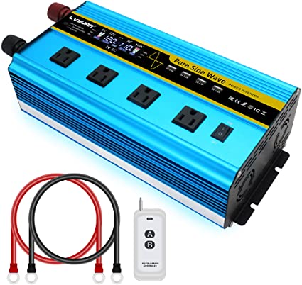 LVYUAN Pure Sine Wave Inverter 2500 Watt Inverter 12V to 110V DC to AC with Remote Controller, LCD Display 4 AC Sockets and 4 USB Charge Ports for Car Truck Solar System (2500W with Remote Controller)