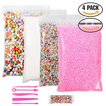 YUEAON 4 pack floam beads slime supplies (45000 2000 1000)pcs 0.08-0.32 inch (2-4-9mm) styrofoam foam beads balls for kids crafts-small big-colorful-rainbow,white,pink