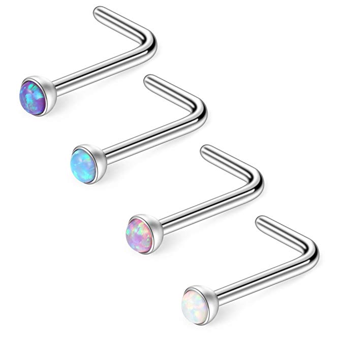 Ruifan 18G 1.5mm 2mm 2.5mm 3mm Jeweled Opal Nose L Shaped Studs Rings Pin Piercing Jewelry 4PCS