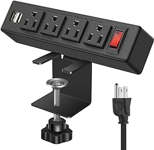 VILONG Desk Clamp Power Strip with USB Port Removable Clamp Power Outlet Socket with Switch 3 ft Extension Cord Connect 4 Plugs for Home Office Reading