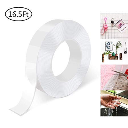 Gel Nano Tape Traceless Washable Adhesive Silicone Tape Removable Reusable Double Sided Tape (16.5 ft/5m)