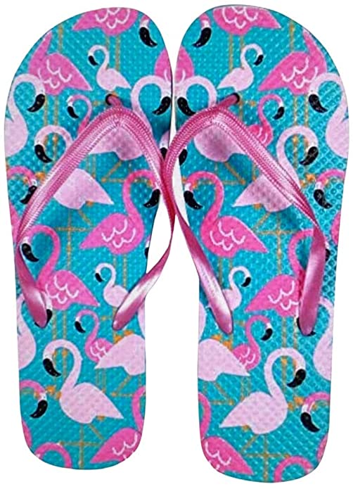 Tropical Island Print Flamingo Flip-Flops Spring Summer Sandals Turquoise/Pink