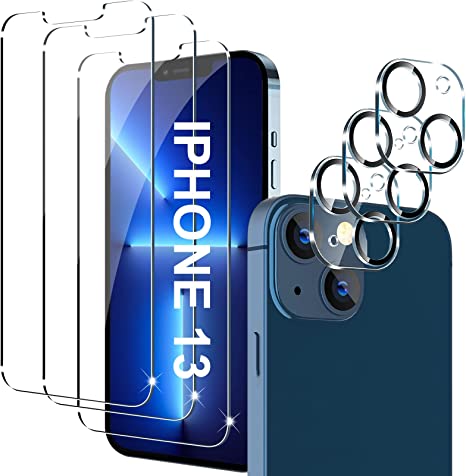 [3 3] Glass Screen Protector Compatible for iPhone 13 with 3 Pack Camera Lens Protector, [6.1 Inch] 3 Pack Tempered Glass Case Friendly, 9H Hardness, HD Clear