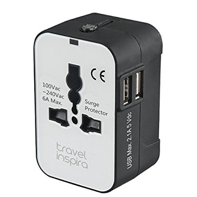 Travel Inspira Universal All in One Worldwide Travel Power Plug Wall Ac Adapter with Fuse with Dual USB Charging Ports for USA Eu Uk AUS