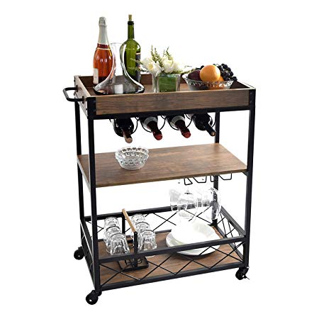 NSdirect Kitchen Cart,Industrial Kitchen Bar&Serving Cart Rolling Utility Storage Cart with 3-Tier Shelves,Metal Wine Rack Storage and Glass Bottle Holder,Removable Wood Box Container (Brown)