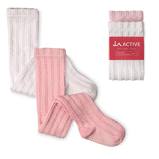 LA Active Girls Tights - 2 Pairs - Baby Toddler Kids Non Slip/Skid Grip Cotton Cable Knit
