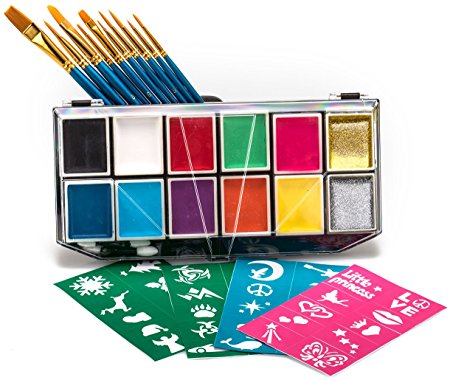 Ultimate Face Paint Kit for Kids. 12 XL Colors   Glitter. 10 Brush Set. 50 Stencils. Non-Toxic & FDA Approved.