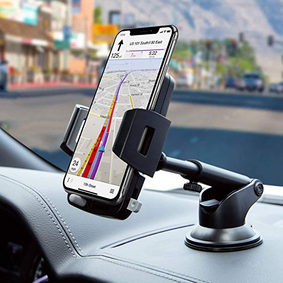 Amoner Car Phone Mount, Cell Phone Holder for Car Dashboard Windshield Compatible with iPhone 11 Pro/XS Max/XR/X 8/7/6 Samsung Galaxy S10 S9 S8 and Other Smartphones up to 6.5 inches, Black Gray
