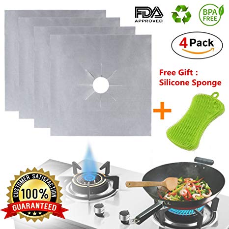 Stove Burner Covers Gas Range Protectors Reusable Stovetop Liner Non-stick Cuttable for Kitchen Dishwasher Safe with Silicone Sponge Brush 10.6" x 10.6" (4 Pack)