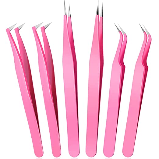 6 Pcs Lash Tweezers Eyelash Extension Tweezers, Stainless Steel Straight Tip Tweezers Curved Tip Tweezers Individual Volume Eyelash Tweezers Isolation Tweezers False Lash Application Tools (Pink)