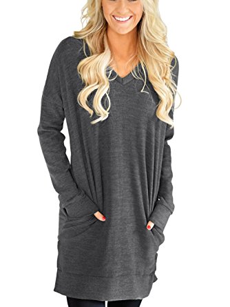 Tovly Women Long Sleeve Casual V-Neck Hoodie Sweatshirt With Pockets Loose T Shirt Blouses Tops
