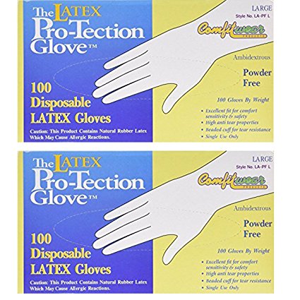 Comfitwear Disposable Latex Gloves, Powder Free Size Large, 200 Gloves (2 Boxes of 100 Gloves)