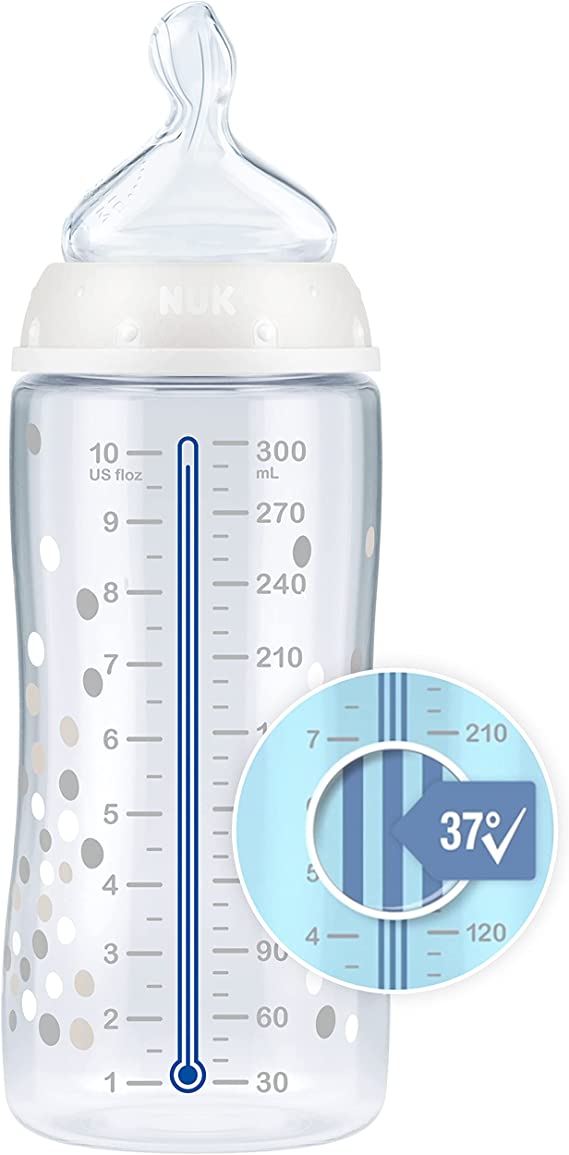 NUK First Choice  Baby Bottle | 0-6 Months | Temperature Control | Anti Colic Vent | 300 ml | BPA-Free | Silicone Teat | White | 1 Count 10741959 Specialty Size