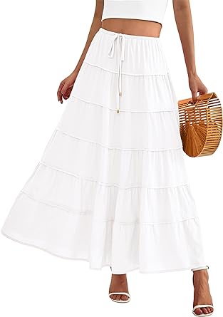 MASCOMODA Summer Long Maxi Skirt for Women 2024 Causal Boho Flowy High Waisted Ruffle Tiered A-Line Beach Skirts with Pockets