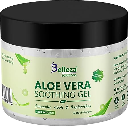Belleza Solutions Aloe Vera Soothing Gel from freshly cut 100% Pure Aloe - Big 12oz - Vegan, Unscented - For Face, Skin, Hair, Sunburn relief (Unflavored)