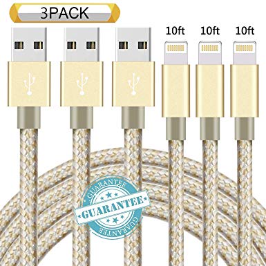 DANTENG Phone Charger 3Pack 10FT Nylon Braided Charging Cables USB Charger Cord, Compatible with Phone 8 8 Plus 7 7 Plus 6 6 Plus Pad and Pod - Gold