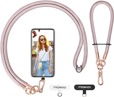 MoKo Crossbody Phone Lanyard, Adjustable Cell Phone Lanyard, Premium 8mm Thick Rope Mobile Phone Lanyard for iPhone, Samsung,and More | Phone Neck Strap×1, Wrist Strapx1, Lanyard Patch×2 Rose Gold