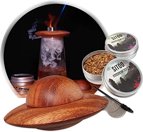 SITOO Cocktail Smoker Kit, Old Fashioned Bourbon Smoking Kit W/ Wood Shavings,Chimney Drink Smoker for Cocktails, Wine, Whiskey and Bourbon