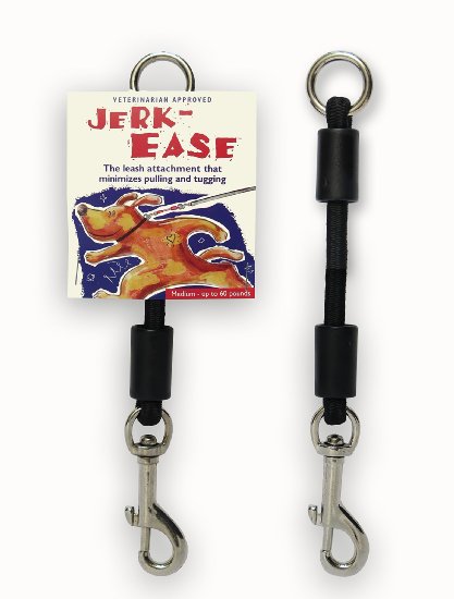 JERK-EASE BUNGEE DOG LEASH ATTACHMENT - patented shock absorber protects you and your dog from harmful jerks and tugs while walking, jogging, bicycling or training - works with ANY leash and collar (or harness) - a MUST for retractable leashes - CLICK MENU TO SELECT SIZE AND COLOR