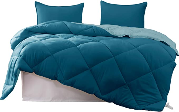 KASENTEX 2-Tone Reversible Comforter Set with Plush Down Alternative Filling - Fluffy, Hypoallergenic and Machine Washable, Queen, Sea Turtle Teal/Caribbean Blue