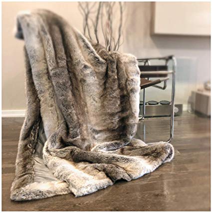Eikei Luxury Faux Fur Throw Blanket Super Soft Oversized Thick Warm Afghan Reversible to Plush Velvet in Tan Grey Wolf, Cream Mink or Blush Chinchilla, Machine Washable 60 by 70 Inch (Tan Ombre)