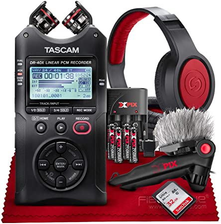 Tascam DR-40X Four-Track Digital Audio Recorder and USB Audio Interface   32GB   Samson Headphones   Table Tripod   Accessory Bundle