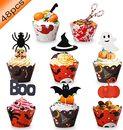 48 Pcs Halloween Cupcake Toppers Wrappers - Halloween Party Supplies Cake Decorations