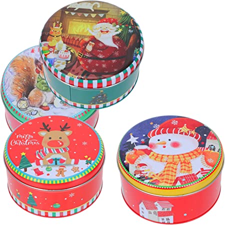 DOITOOL 4pcs Round Christmas Cookie Tins- Metal Cookie Tins with Lids for Gift Giving- Decorative Christmas Storage Containers for Storing Candies Biscuits Treat Small Gift and More