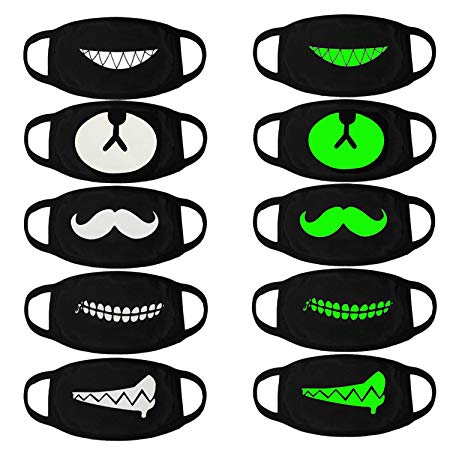 Luminous Mouth Mask,Aniwon 5 Packs Antidust Face Mask Party Cosplay Mask Cotton Masks Glow in The Dark Mouth Mask Halloween Party Mask