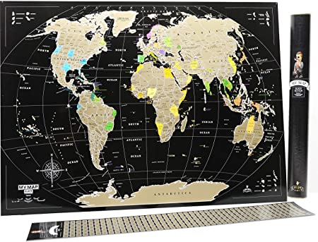 Scratch Off map 16x24 Black Gold Detailed USA States Deluxe Tracker Pin World Map MyMap Travel map Wall Poster Push pin map Includes Pins Tube Poster Map to Scratch Wall Décor Birthday Gift IDea…