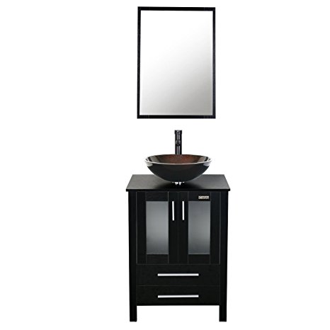 Eclife 24 inch Bathroom Vanity Combo Modern MDF Cabinet with Vanity Mirror Tempered Glass Counter Top Vessel Sink with 1.5 GPM Faucet and Pop Up Drain A1B2