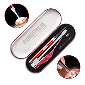 Ear Wax Removal Kit with LED Light, USB Rechargeable LED Light Ear Pick Set for Kids Earwax Spoon Digger and Tweezer Visible Ear Care Tool Accessories for Ear Health Care (Red)