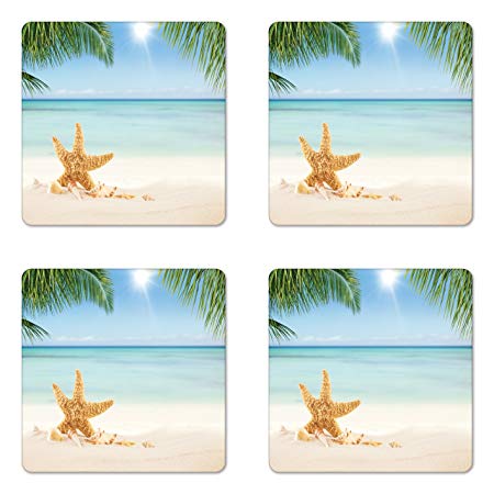 Lunarable Ocean Coaster Set of Four, Graphic of Summer Sandy Beach with Majestic Starfish on Tropical Hawaiian Beach, Square Hardboard Gloss Coasters for Drinks, Cream Blue Green