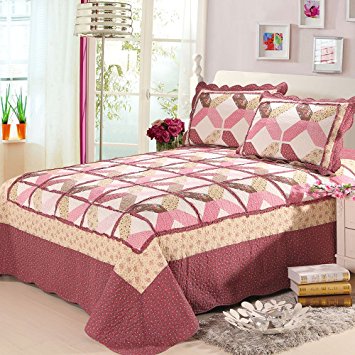 MicBridal® Pink Patchwork Embossed Quilted Bedspread Cotton Bed Spread Quilt Throws Double / King 220x240cm