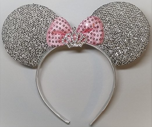 Minnie Mouse Ears Headband Princess Rhinestone Tiara Silver with Pink Bow Party