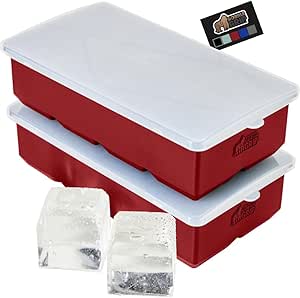 Gorilla Grip Large Silicone Ice Cube Tray for Freezer, Stackable Lid, 2 Pack, Easy Release Mold, 8 Giant Square Cubes, Slow Melt for Whiskey Drinks Iced Coffee, Cocktail Bar Kitchen Essentials, Red