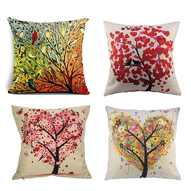 BPFY Birds and Trees Pillow Covers Set of 4 Cotton Linen Sofa Home Decor Throw Pillow Case Cushion Covers 18 X 18 Inch