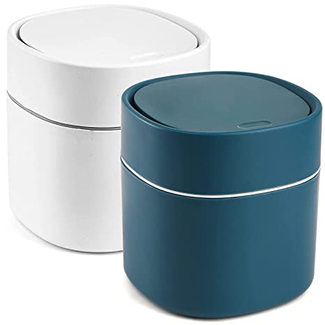 2 Pack Mini Trash Can with Lid, 2 Liter/0.5 Gallon Countertop Trash Can Wastebasket Desktop Garbage Can for Bathroom Vanity, Desktop, Kitchen, Tabletopand Office （Blue/White）