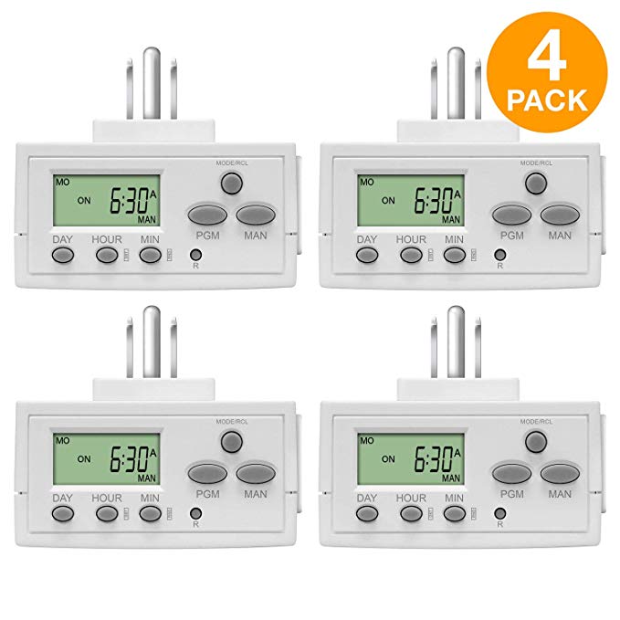 Topgreener TGT02 Plug in Timer for Electrical Outlets (Programmable, Digital, 3-Prong, Indoor/Outdoor, Heavy Duty, LCD Display, UL Listed, Off White, 4 Pack) - 1800W 120V 15A