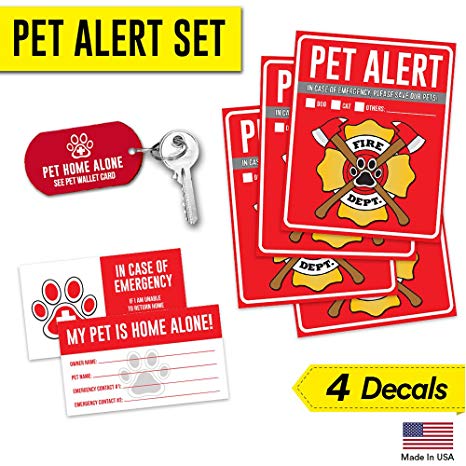 Pet Alert Fire Rescue Sticker - (4) 5" x 4" Window Door Decal - (2) Animal Care Wallet Cards - (1) Pet Home Alone Key Tag - In Case of Emergency Sign Kit - Safety Save Our Cat Dog Inside Accessories