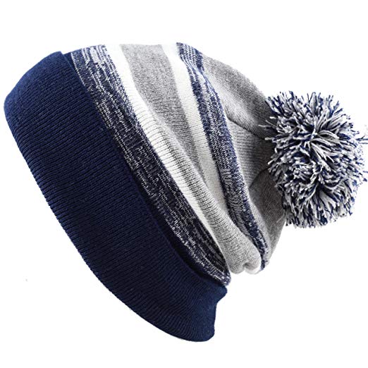 THE HAT DEPOT Winter Soft Unisex Pom Pom Stripe Knit Beanie Skull Slouch Hat
