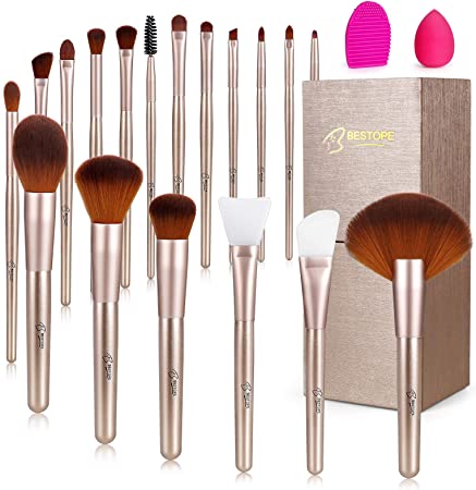 BESTOPE Makeup Brush Set 16PCS, Professional Make Up Brushes Kit with Luxury Gift Box, Foundation Blending Powder Brush Eyebrow Eyeshadow Lip Brush Tool with 2 Face Mask Brush & 1 Blender Sponge & 1 Brush Cleaner- Gold