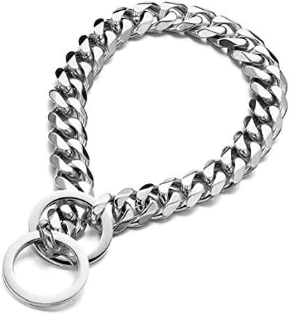 Loveshine Chain Dog Collar High Polished Silver Cuban Link Dog Chain 15MM Thick Choke Collar Metal Stainless Steel Heavy Duty Slip Dog Collars for Small, Medium, and Large Dogs(16in to 26in)