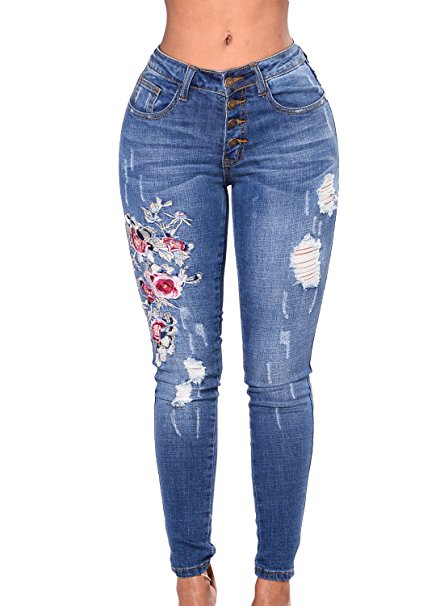 Women High Waist Rose Embroidered Destroyed Ripped Skinny Jeans Distressed Denim Pants