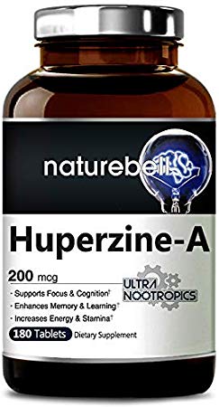 Premium Huperzine A, 200mcg, 180 Tablets, Powerful Ultra Nootropics Supports Focus & Cognition, Enhances Memory & Leaning Ability, No GMOs, Tested & Manufactured in USA. (1 Pack)