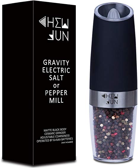 Electric Gravity Pepper Grinder or Salt Mill with Adjustable Coarseness Automatic Pepper Mill Grinder Battery Powered with Blue LED Light,One Hand Opetated,Brushed Stainless Steel by CHEW FUN