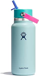 HYDRO FLASK Wide Mouth vacuum insulated stainless steel water bottle with leakproof closeable straw lid for cold water drinks, sports, travel, car and school