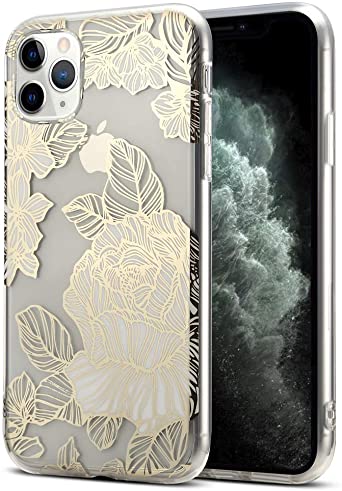 AHTONG Compatible with iPhone Xs Case, Clear Shiny Gold Foil Roses Flower Design for Girls Flexible TPU Bumper Soft Rubber Silicone Cover Phone Case for iPhone X(5.8 inch)