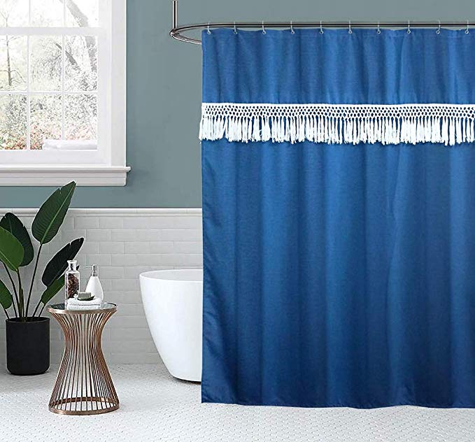 YoKii Blue Shower Curtain with White Tassel, 72- Inch Boho Bathroom Fabric Shower Curtain 180 GSM Extra Thick Water Resistant Modern Polyester Bath Curtain Sets (72 x 72, Blue Tassel)