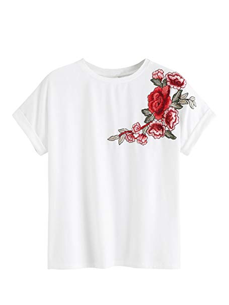 Romwe Women's Floral Embroidery Cuffed Short Sleeve Casual Tees T-Shirt Tops